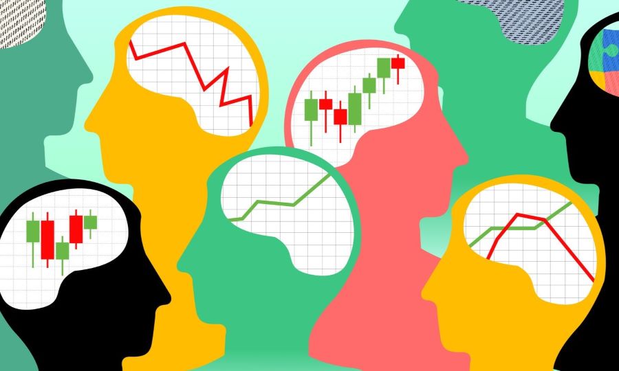 A diverse group of individuals with various colored heads, symbolizing unique psychological strategies for traders.